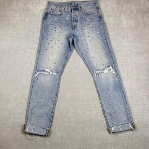 Levis 501 Jeans Womens W28 L30 Blue Star Studded Distressed Denim Button Fly